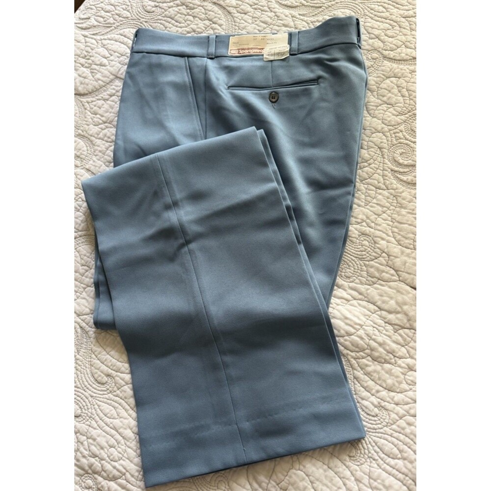 Vintage Sears Perma Prest NOS Mens 32x34 Blue Polyester Pants 70s Tailored